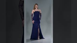 Lacivert Straplez Yırtmaçlı Uzun Dantel Abiye Abu5603