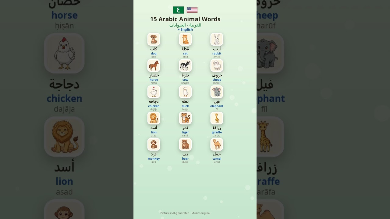 15 Arabic Animal Words with English Meanings | الحيوانات بالعربية #shorts