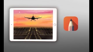 Autodesk Sketchbook - Draw a perfect landing of aeroplane in aesthetic sunset backdrop in iPad #free screenshot 5