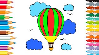 How to draw a Hot Air Balloon with Clouds in the Sky | Drawing and Coloring for kids | Step by Step screenshot 4