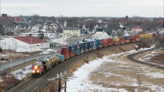 Awesome Aerial View w/Zoom! Long Westbound Stack Train CN 507 w/2 Ex CREX Units at Amherst, NS