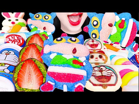 <strong>ASMR</strong> <strong>BLUE</strong> DESSERT 액션가면짱구, 딸기두바이쫀득쿠키, 도라에몽모찌 먹방 MUKBANG, EATING
