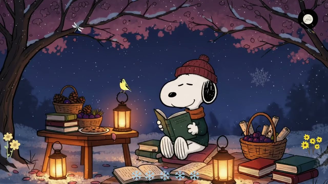 ❄️ Snoopy Peaceful Winter Reading Under Cherry Blossoms | Calm Night Ambience for Stress Relief