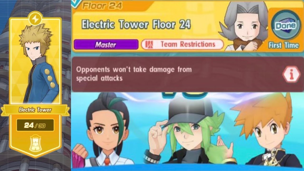 Triple Rival team vs. Electric Tower Floor 24 (No special damage parameter) [Pokemon Masters EX]