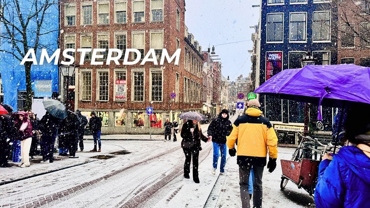 Snowfall in Amsterdam, Walking Around Amsterdam City Canals in the Winter Snow POV 4k