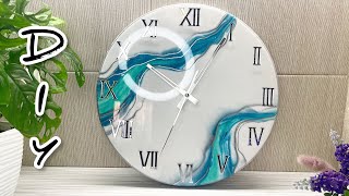 DIY. Epoxy Resin wall clock. White and Silver. Resin Art.