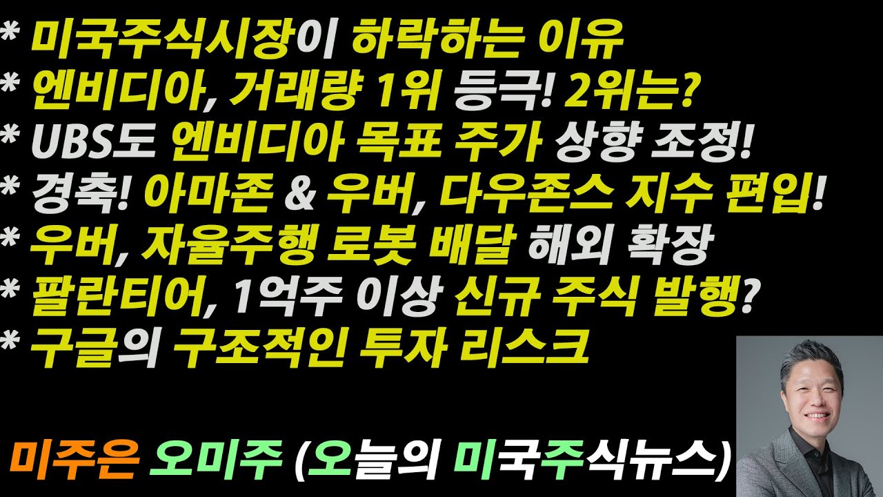[오늘의 미국주식뉴스] 미국주식 왜 떨어지나? / 엔비디아 목표 주가 또 올랐다 / 아마존 & 우버, 다우존스 지수 편입 / 팔란티어  신규 주식 1억주 발행에 대한 긍정적인 해석