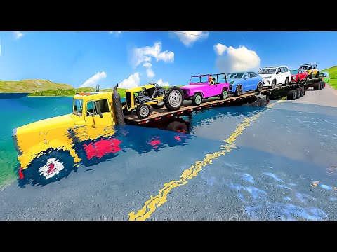 Triple Flatbed Trailer 😱 Truck Rescue Cars vs Deep Flooded Roads