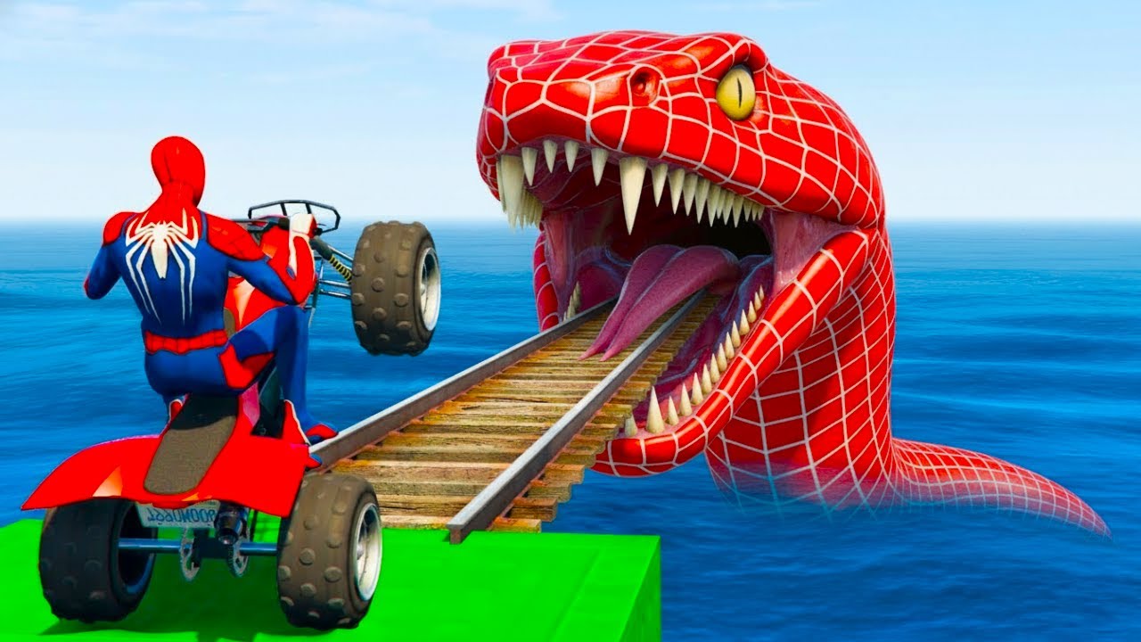 سبايدر مان اصعب دراجة نارية فوق اسماك القرش - Superheroes Ride on Motorcycle Stunt Funny Moments??