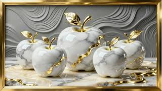 Decorative White Marble Apples 3D Art | 2 Hour Golden Frame TV Screensaver | 4K Elegant View