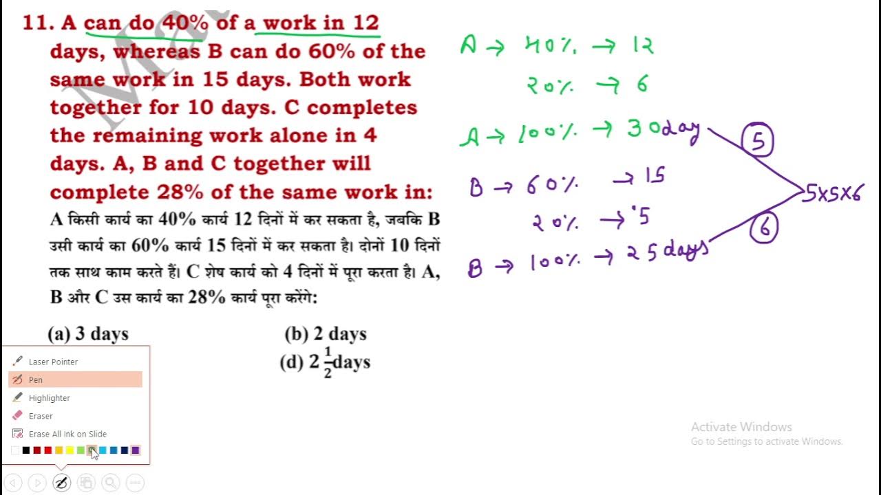 11. A can do 40 of a work in 12days, whereas B can do 60 of thesame