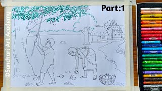 Summer Season Village Scenary Drawing|Summer Season Scenary Drawing|Mango Tree Scenery Drawing