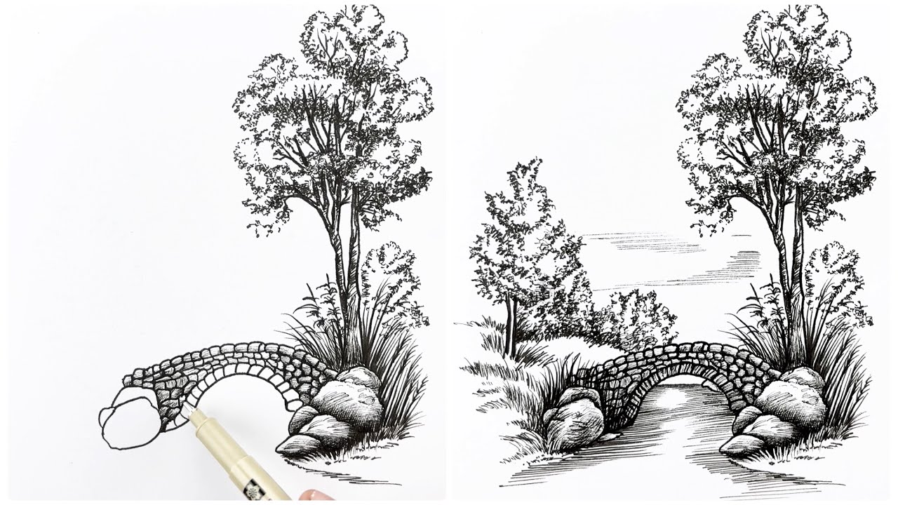 How to Draw a Stone Bridge Over a River with Trees and Grassland for ...