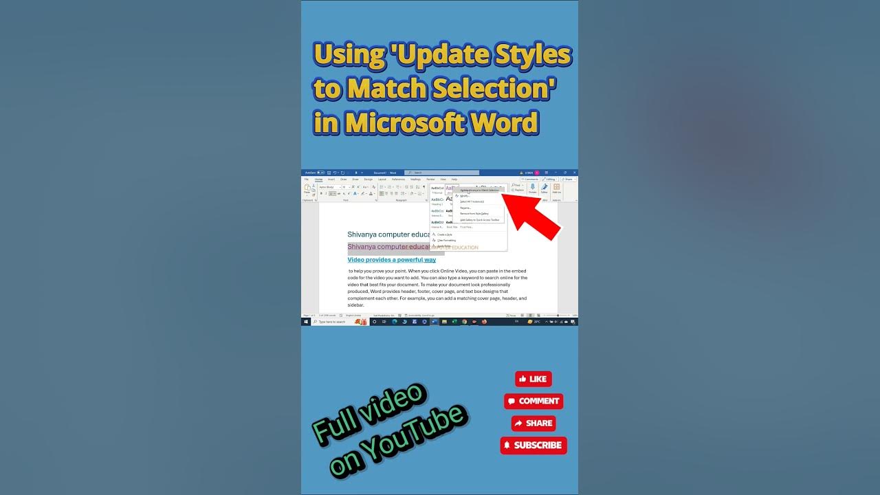 Using update styles to match selection in microsoftword microsoft 