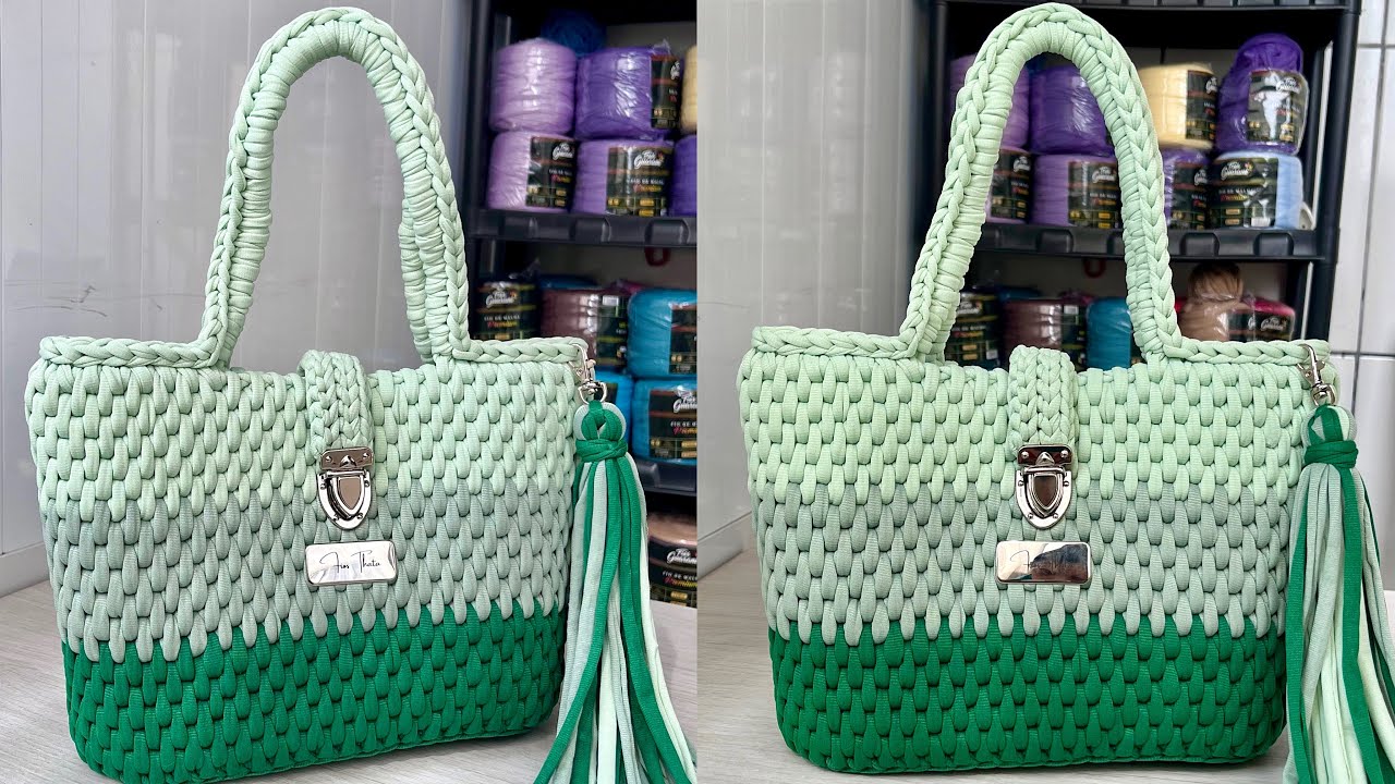 Sacola brilhante confeccionada em T-shirt fio crochê nível médio de dificuldade