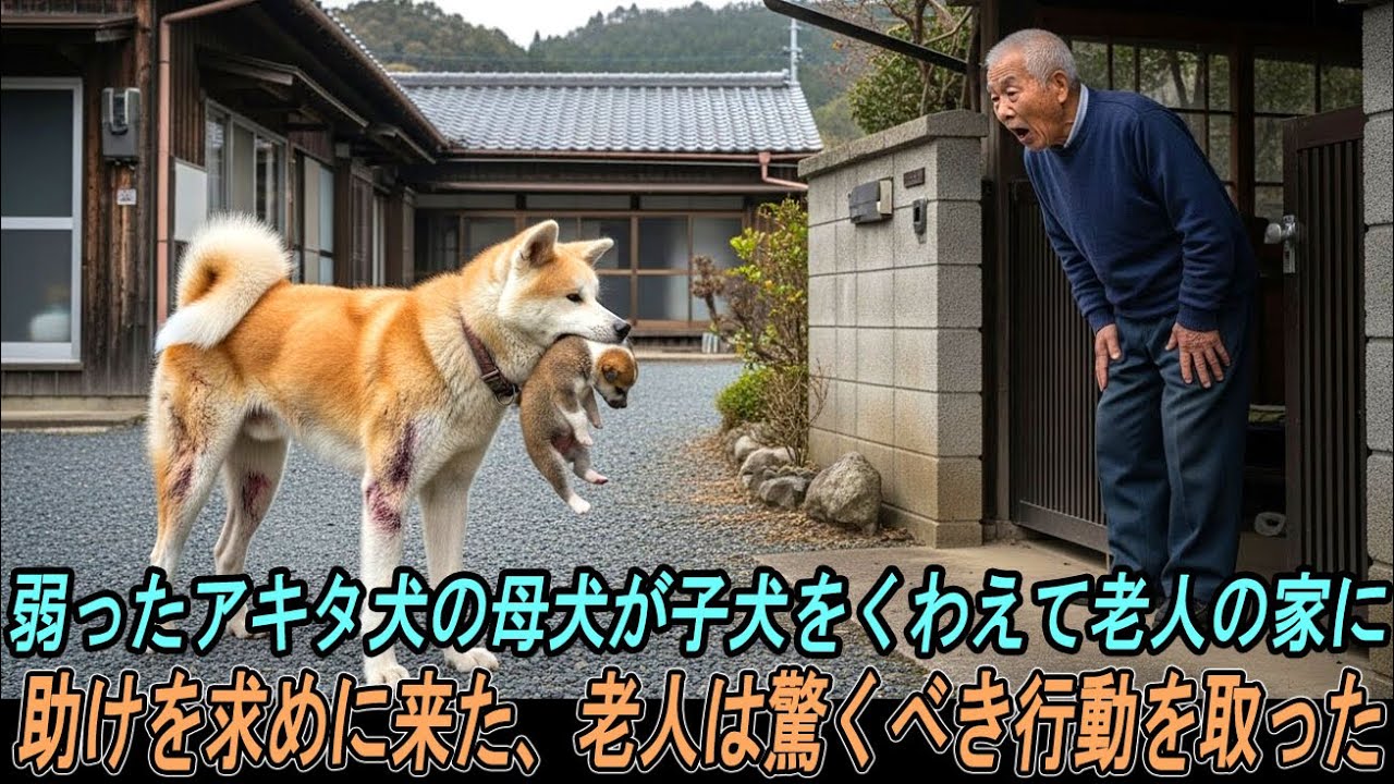 弱ったアキタ犬の母犬が子犬をくわえて老人の家の門前に助けを求めに来た…老人は信じられない行動を取った。