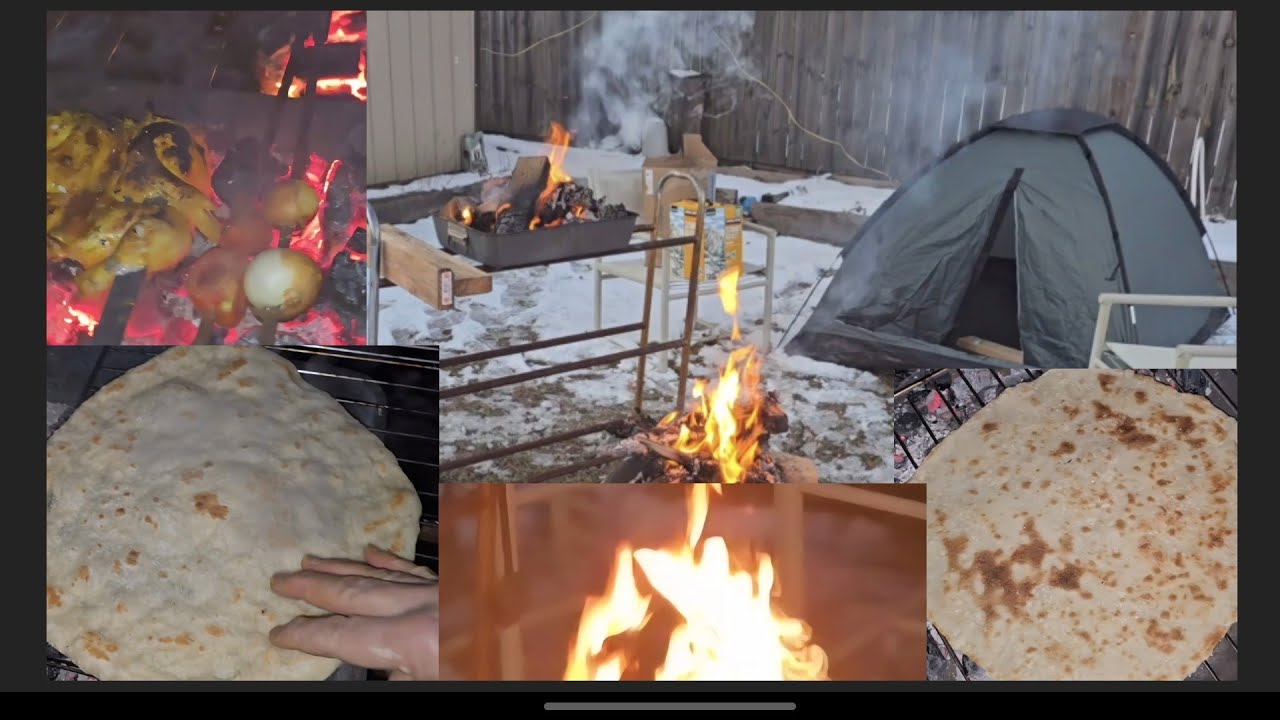 خبز بدون تنور وشوي دجاج على الحطب خارج البيت في جولة تخييم وسط الثلوج وسواده عاجبته اجواء التخييم