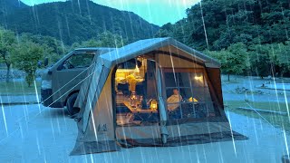 [RAIN CAR CAMPING]In the wind and rain like a typhoon|A house tent connected to a car|VanLife|ASMR28