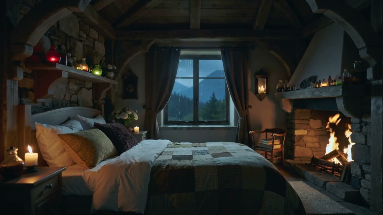 ASMR calming fire during a light rain storm in cosy castle bedroom 🏰🔥🌧️