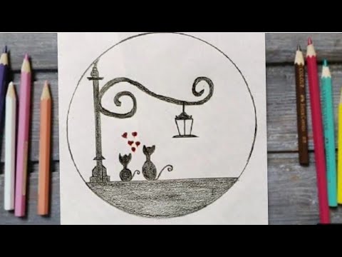 رسم سهل  رسم قطط في حب  الرسم بقلم الرصاص في دائرة  cats in love pencil  drawing in a circle