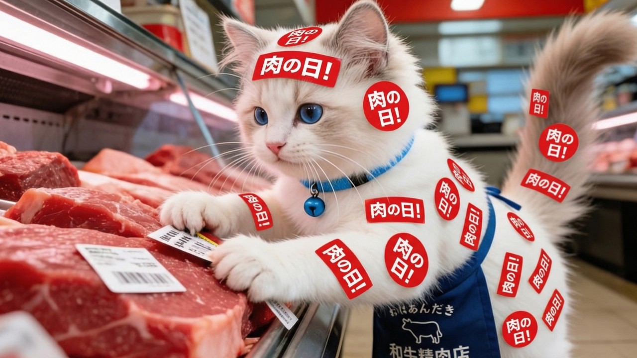 肉屋で働くルル🐱大きなお肉🍖と大格闘！自家製ベーコン上手くできるかな？🥓｜AI猫