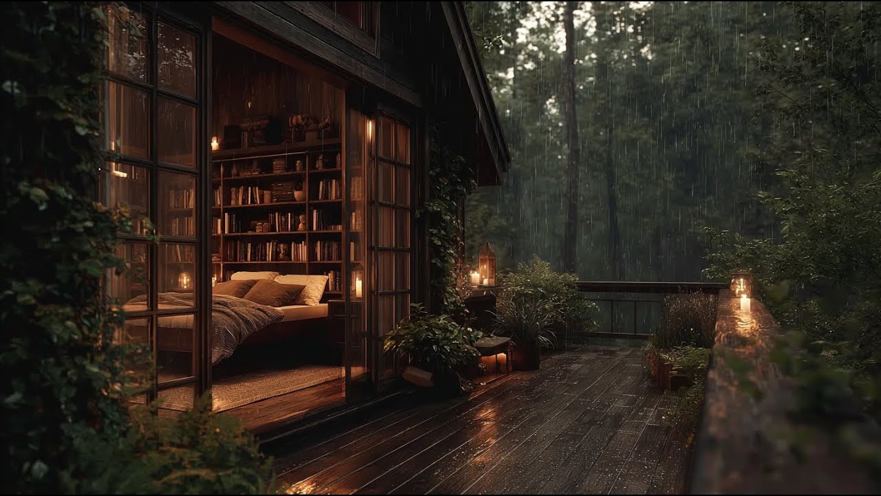Cozy Forest Cabin Rain 🌧️🔥 Relaxing Rain Sounds on Wooden Deck ...