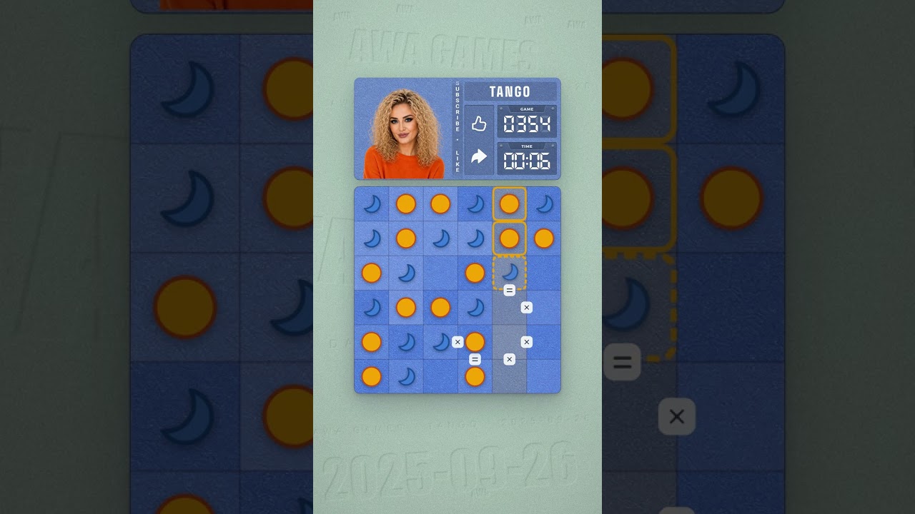 LinkedIn Tango #354 solved board for September 26, 2025, 6x6 grid