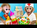 القرد بون بون يؤدي دور الطبيب الذي يعتني بالبطة الصغيرة اللطيفة باستخدام جيلي قوس قزح 