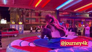 Two Crazy Girls Riding On A Bull In Benidorm | Bull Riding 4K