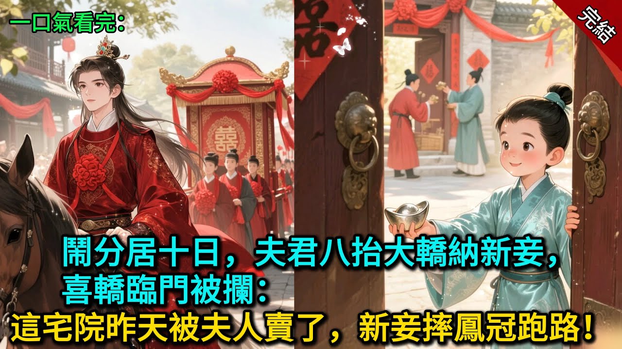 鬧分居十日，夫君八抬大轎納新妾，喜轎臨門被攔：這宅院昨天被夫人賣了，新妾摔鳳冠跑路！