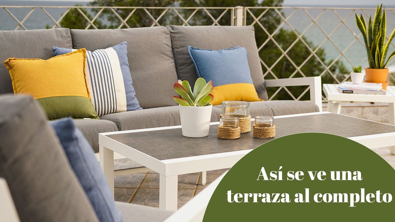 Sofá de jardin esquinero, Aluminio reforzado color antracita, 4 plazas,  Cojines color gris