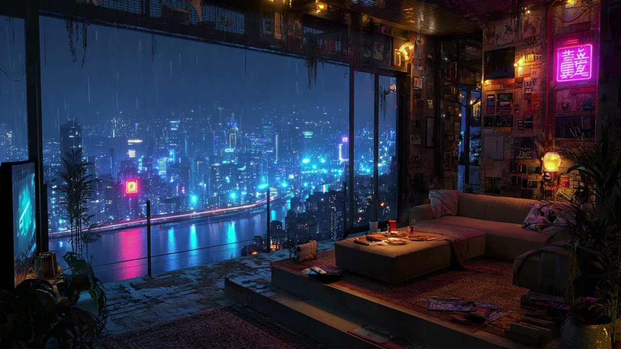 Cozy Rainy Balcony Overlooking a Futuristic Cyberpunk City | Sleep and Focus | 4K