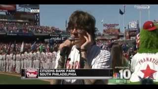 Matt McAndrew sings the National Anthem at the opening game of Phillies