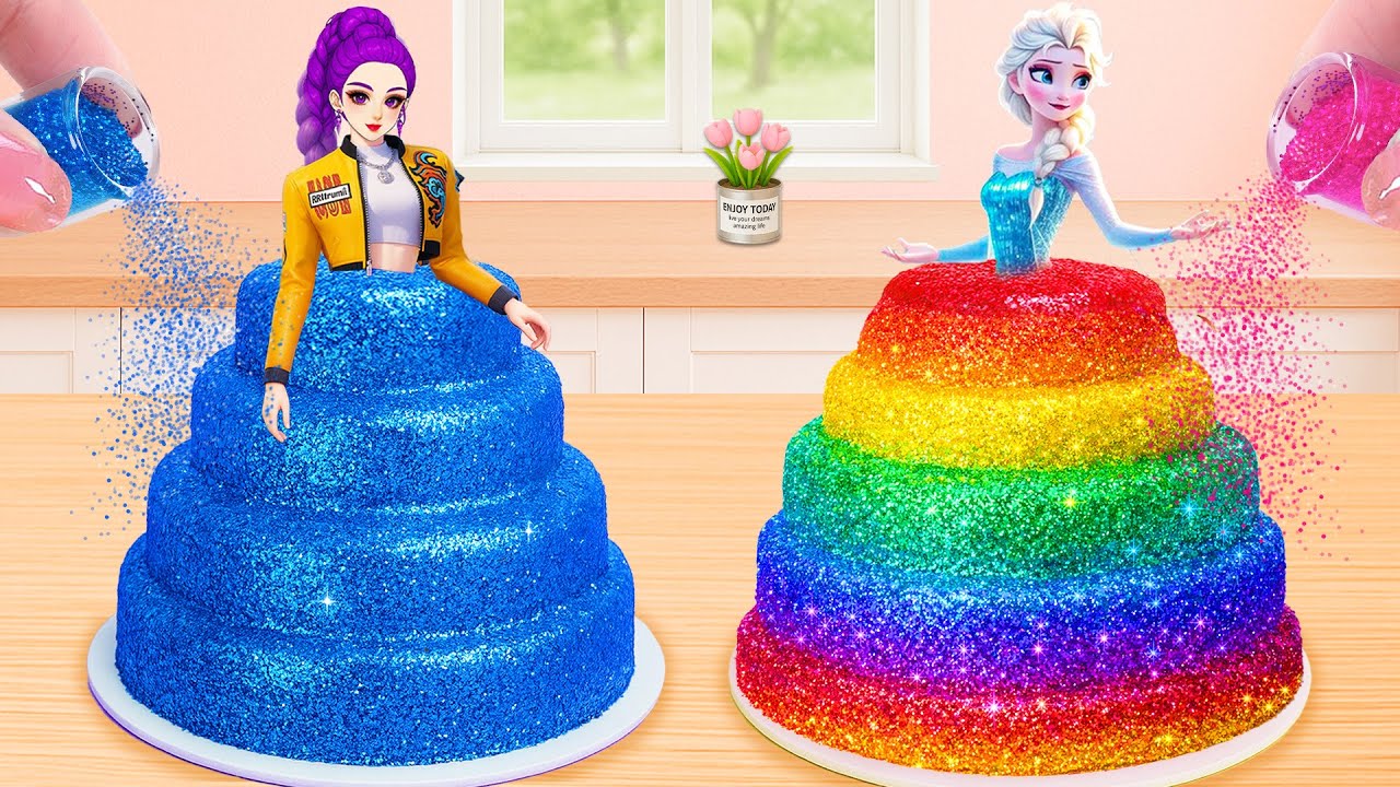 Битва тортов в виде блестящих платьев ✨💙🌈 Голубые блестки против Радужной блестящей принцессы | Т...
