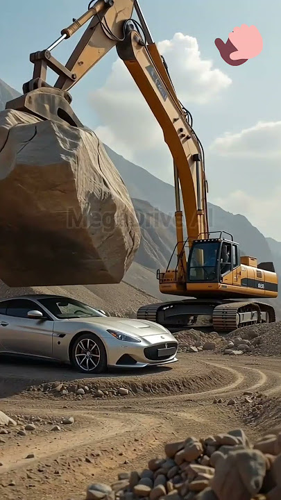 🚧 Insane Excavator Stunt: Giant Rock Over Moving Car! 😱💥 #shorts