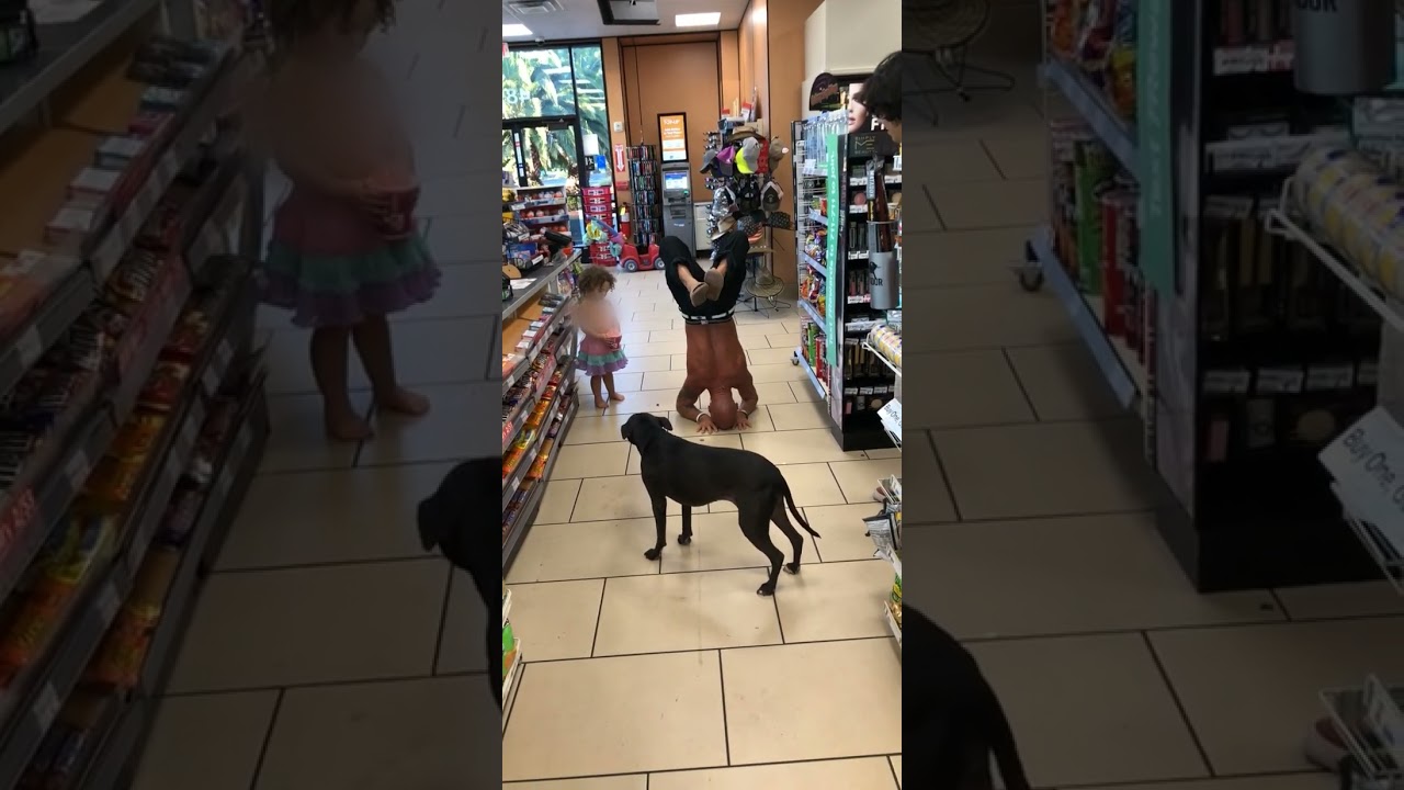Guy does an exercise in grocery store and falls on little girl