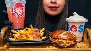 ASMR Trying Wendy's New Pretzel Bacon Pub Cheeseburger 🍔, Fries, and Apple Crumble Frosty Mukbang
