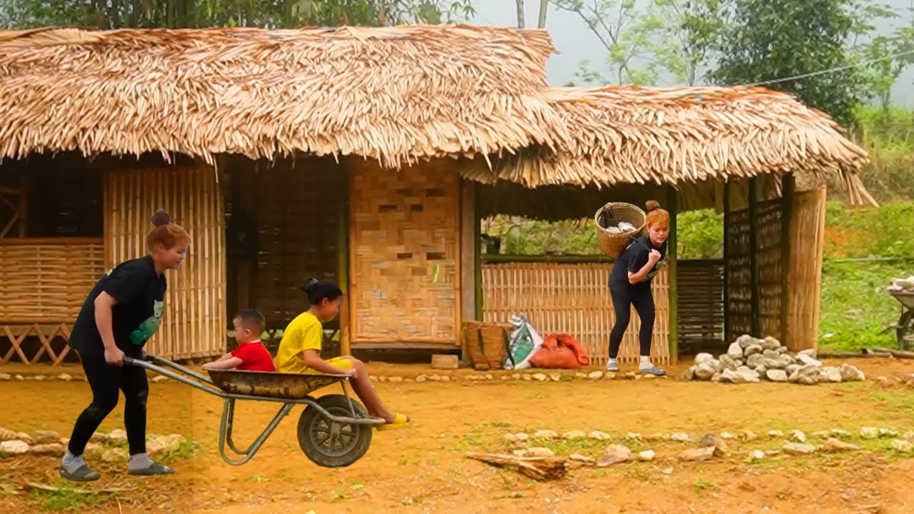 Happy moments after hard work - Carry rocks and play with kids on the wheelbarrow