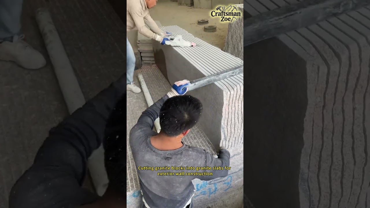 Cutting granite blocks into granite slabs for exterior wall construction