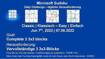 Microsoft Sudoku | Classic - Easy | Jun 7, 2022 | Daily Challenges