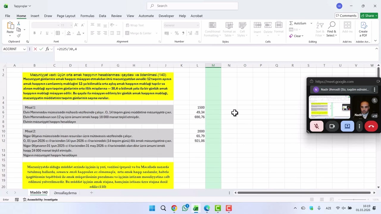 Məzuniyyət haqqının sonuncu əmək haqqı ilə müqayisəsi - nümunə üzərindən izah