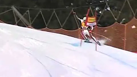 Yannick Bertrand takes a slalom gate to the groin