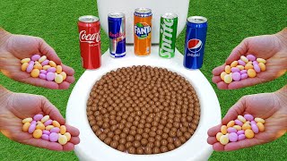 Chocolate Ball VS Coca Cola, Sprite, Fanta, Red Bull, Pepsi and Fruity Mentos in the toilet