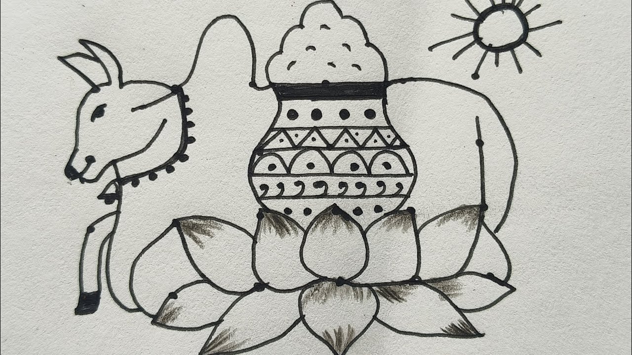 Easy pongal drawing from 4×6 dotsSankranti drawingMattu pongal kolam 