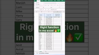 Right function in ms excel 🔥✅ #excel #exceltutorial #exceltips #exceltricks #youtube #algorithm