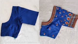 Very grand Aari work blouse design with normal needle on stitched blouse | Maggam work blouse design