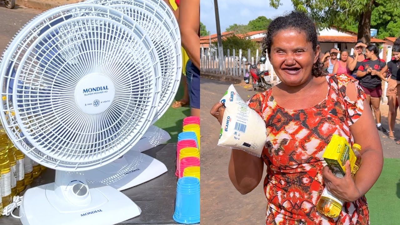jogo na rua com liquidificar e cesta básica
