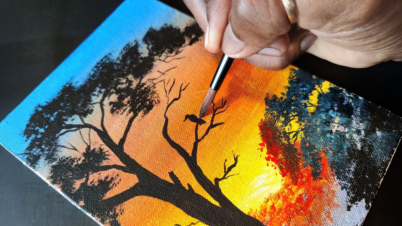 Easy acrylic painting | Harmony with the setting sun #acrylicscenery #beginnerarttips