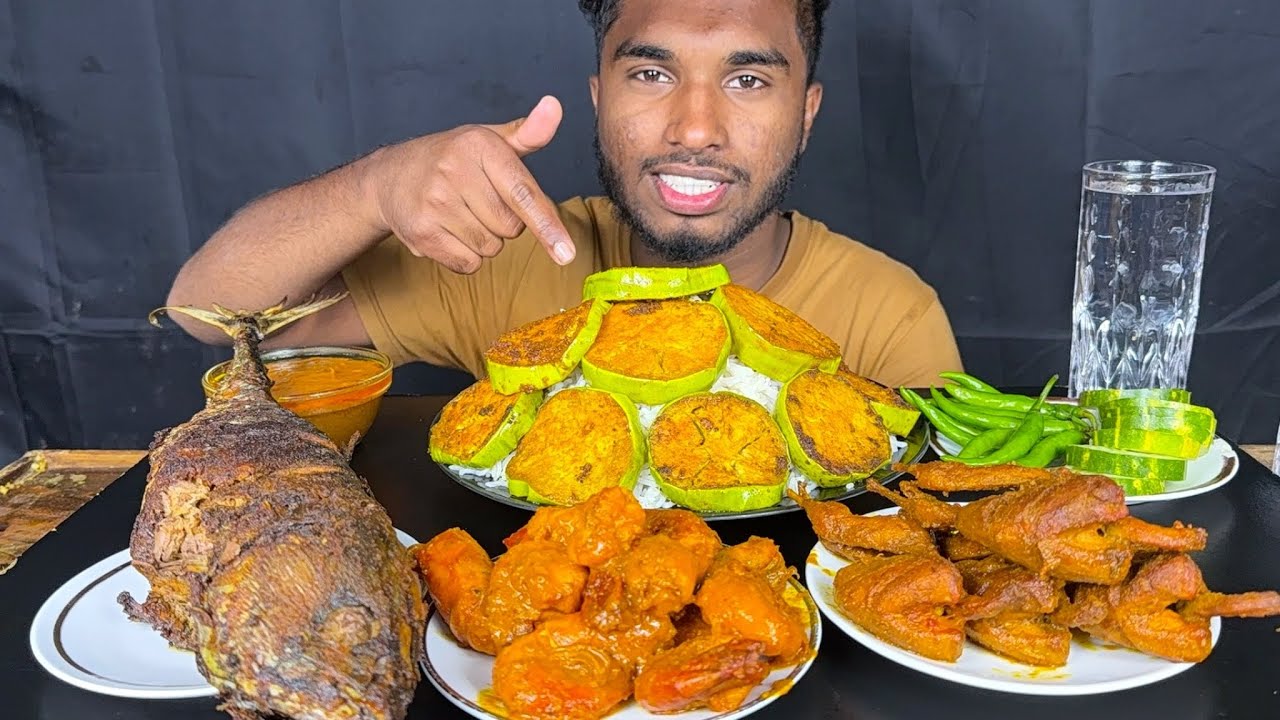 full tuna fish fry, prawns masala curry, quail curry and brinjal fry with rice eating show, mukbang