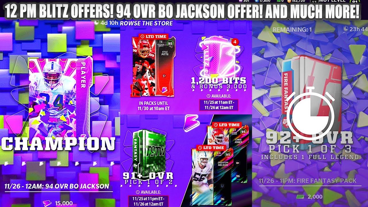 12 PM BLITZ OFFER! FIRE FANTASY PACK COMING! 94 OVR BO JACKSON OFFER